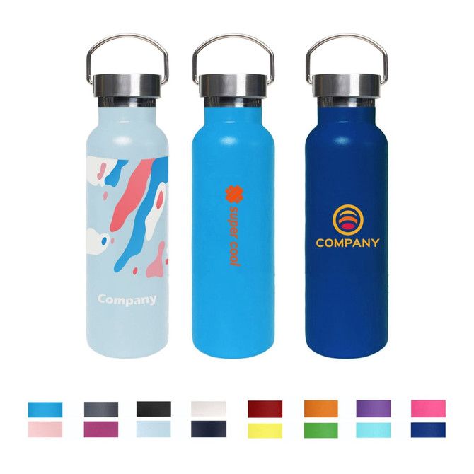 A drink bottle featuring a stainless steel lid, available in multiple colours, with various designs and a logo.