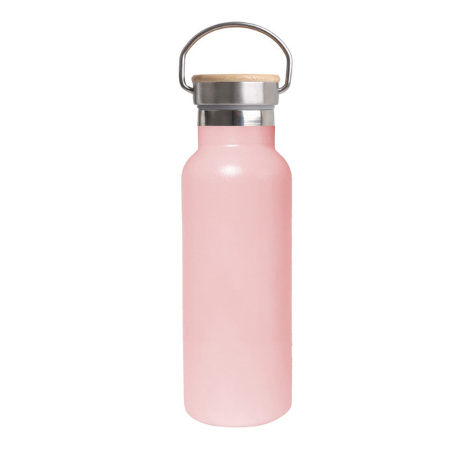 A drink bottle in soft pink with a bamboo lid and a metal handle. It features a stainless steel base.