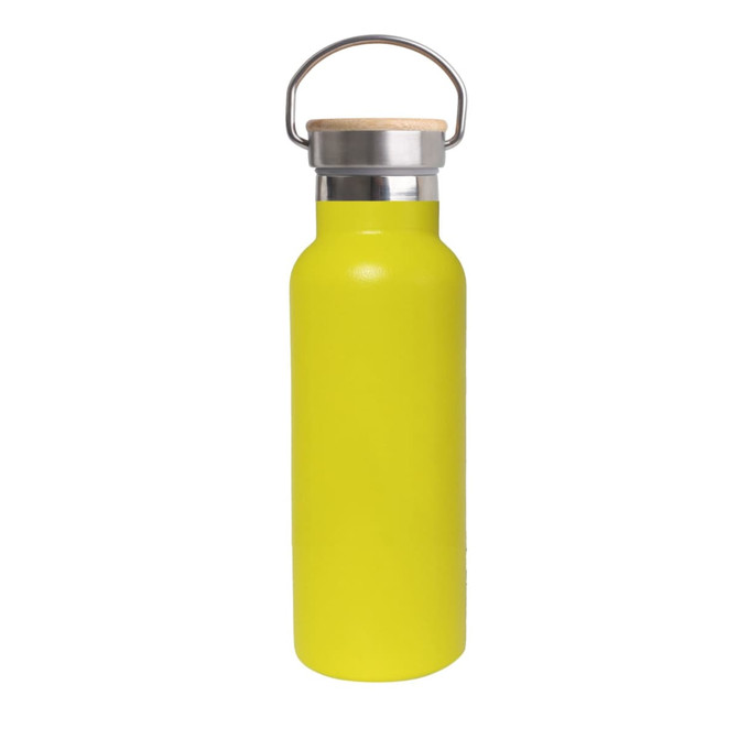 A drink bottle in bright yellow with a bamboo lid and a stainless steel handle, featuring a logo.