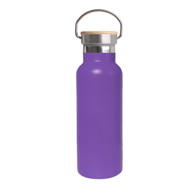 A drink bottle featuring a vibrant purple finish, double wall vacuum insulation, and a bamboo lid with a metal handle.