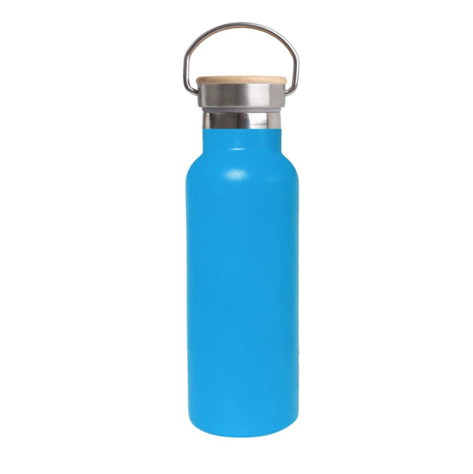 A drink bottle in bright blue with a stainless steel top and bamboo lid, featuring a metal carrying loop.