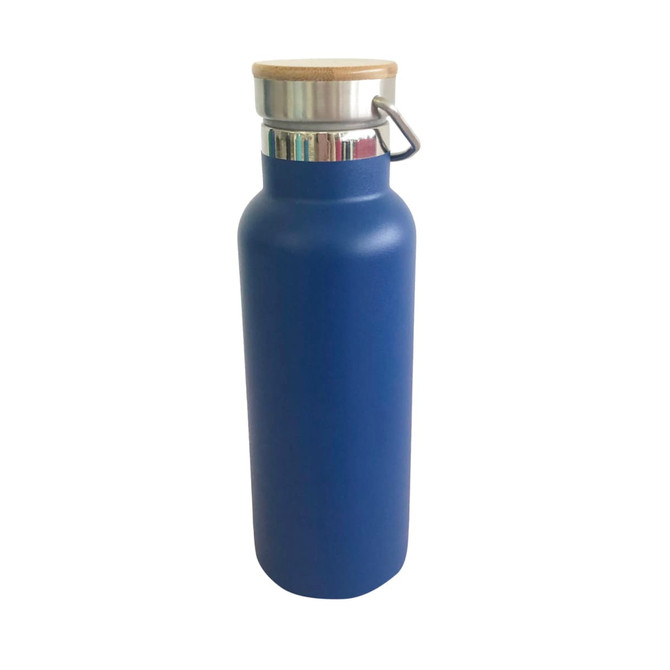 A drink bottle in navy blue with a stainless steel body and bamboo lid, featuring a metal handle.