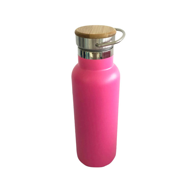 A drink bottle featuring a vibrant pink body, stainless steel and bamboo lid, with a metal handle.