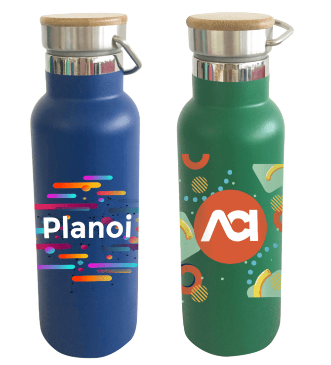 A drink bottle with a double wall vacuum design, featuring a blue and green finish and bamboo lid. Branding visible.