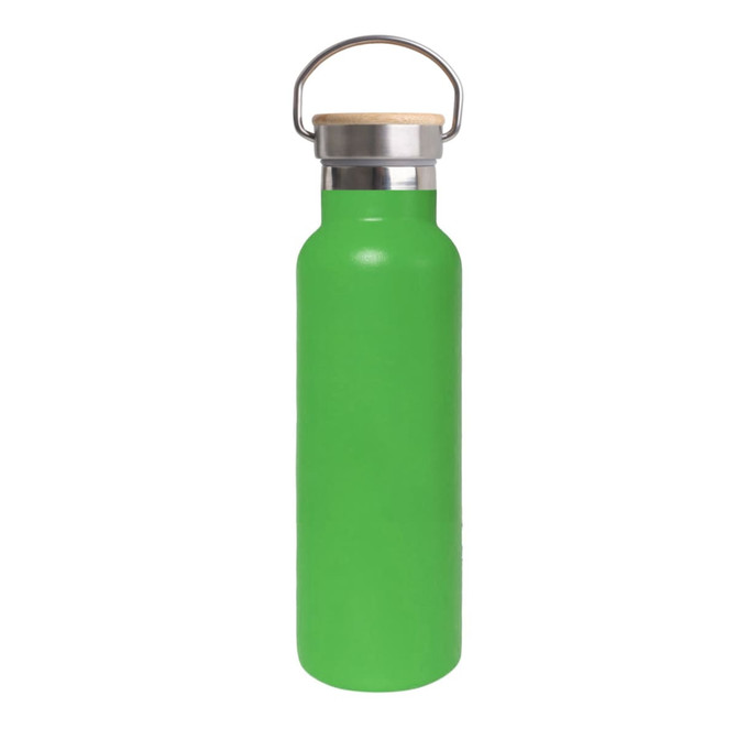A drink bottle in vibrant green with a bamboo lid and stainless steel accents. It features a carrying handle.