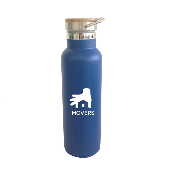 A drink bottle in navy blue with a double wall vacuum feature and a bamboo lid, including a logo.