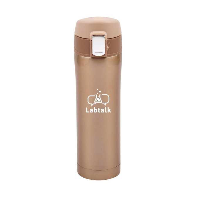 A drink bottle with a flip-top lid, featuring a stainless steel finish in gold and a logo on the front.