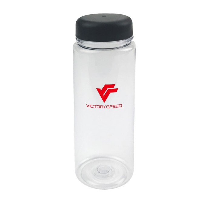 A drink bottle in transparent plastic with a black lid and a logo in red. Holds 500ml, designed for infusing drinks.