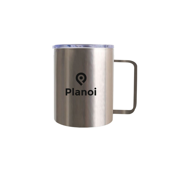 A stainless steel mug with a smooth finish, featuring a clear lid and a handle. It has a logo on the front.