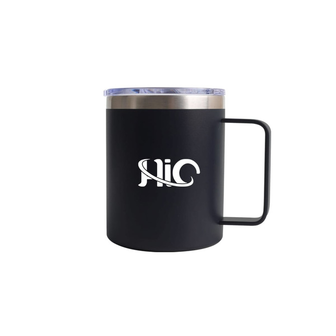 A coloured stainless steel mug in matte black with a silver lid and a handle, featuring a logo.