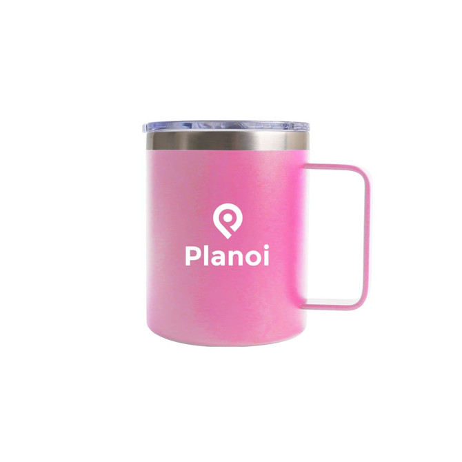 A pink stainless steel mug with a clear lid and a handle, featuring a logo.