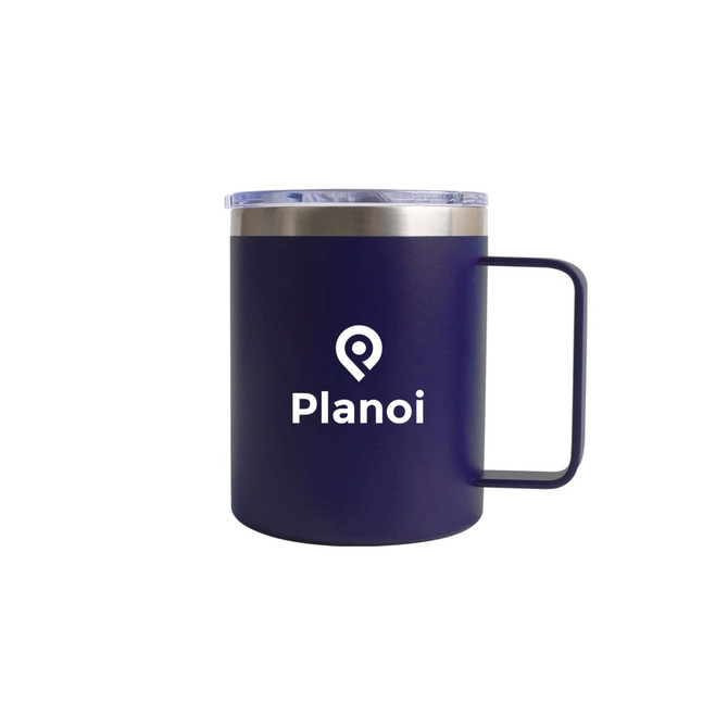 A coloured stainless steel mug in navy with a clear lid and a handle, featuring a logo.