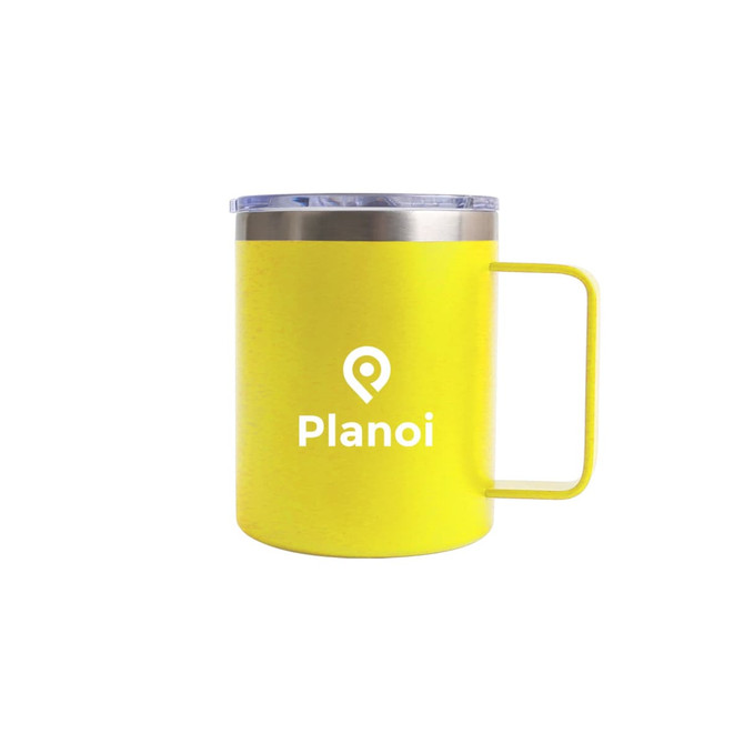 A yellow stainless steel mug with a silver lid and a handle, featuring a logo.