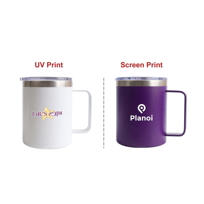 A coloured stainless steel mug in white with UV print and a purple mug with screen print, both featuring logos.