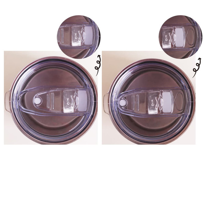 A stainless steel mug with a coloured finish and a transparent lid, featuring branding on the surface.