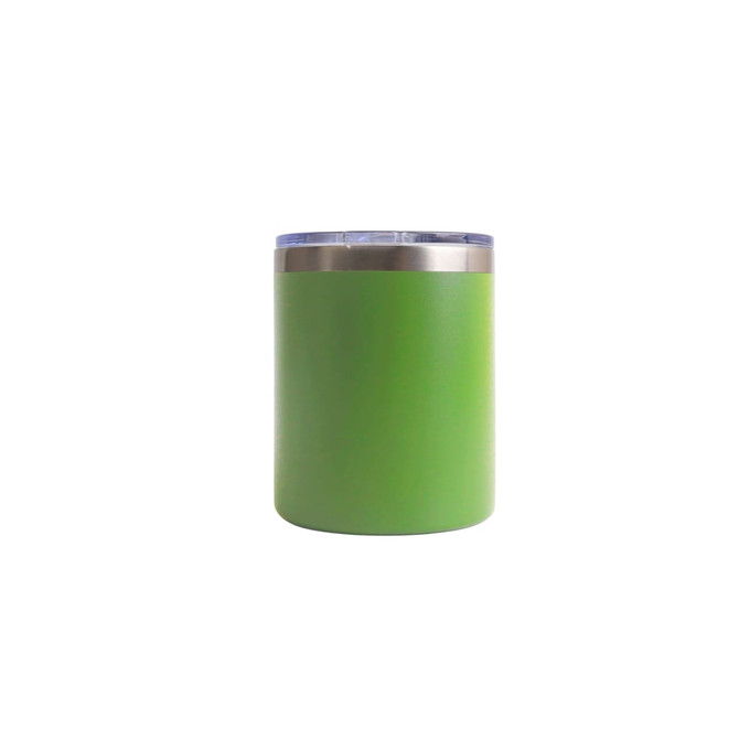 A green stainless steel mug with a silver rim and a clear lid, featuring a logo.