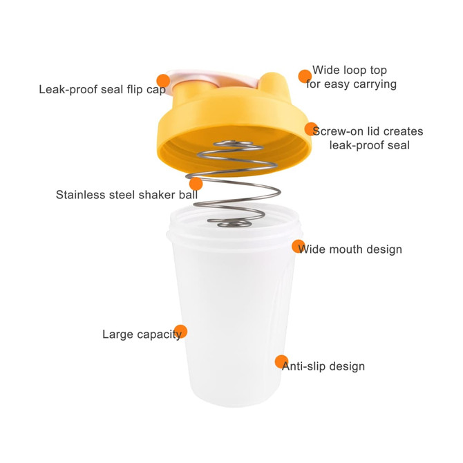 A drink bottle featuring a white body and yellow screw-on lid, with a stainless steel shaker ball inside and a wide mouth design.