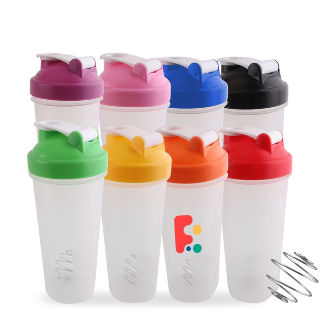 A drink bottle collection featuring BPA-free fitness shaker bottles in pink, blue, black, orange, and yellow with logos.