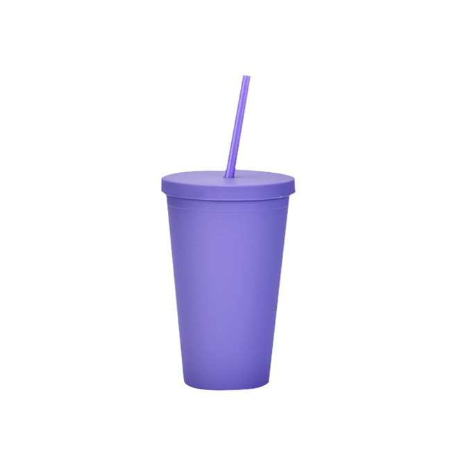 A purple 16oz matte plastic cup with a lid and straw, featuring a logo.