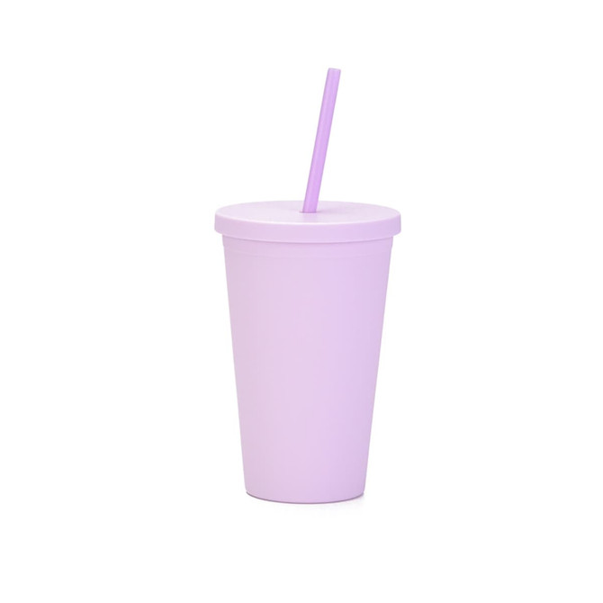 A matte lavender plastic cup with a lid and a straw, designed for beverages. Features a logo.