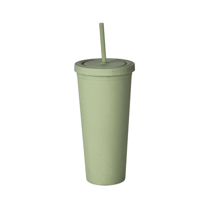 A drink cup in a matte sage green colour with a lid and straw, featuring a logo.