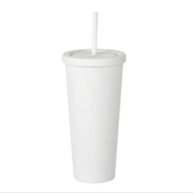 A matte white plastic cup with a lid and straw, suitable for drinks, featuring a logo.