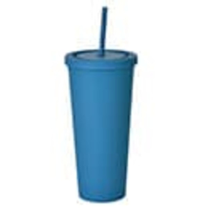 A blue 24oz matte plastic cup with a lid and straw, featuring a logo.