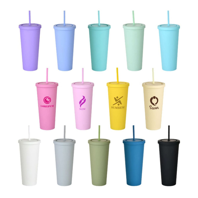 A collection of 24oz matte plastic cups in various pastel and bold colours, each with lids and straws, featuring different logos.