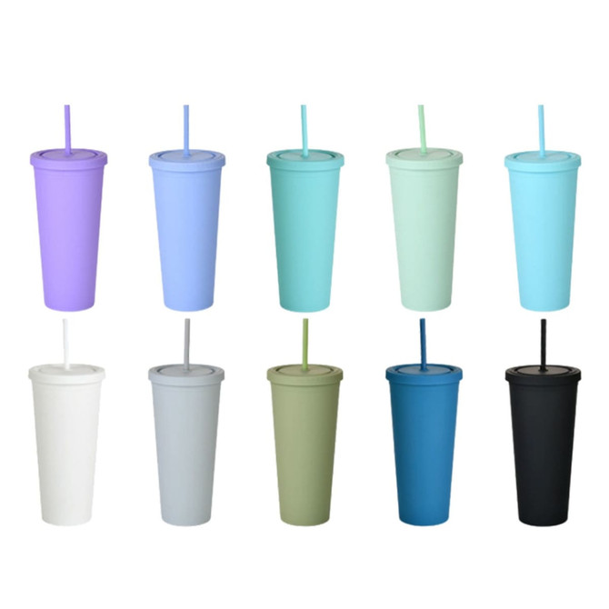 Assortment of 24oz matte plastic cups in various colours, each with a lid and straw, featuring a logo on some cups.