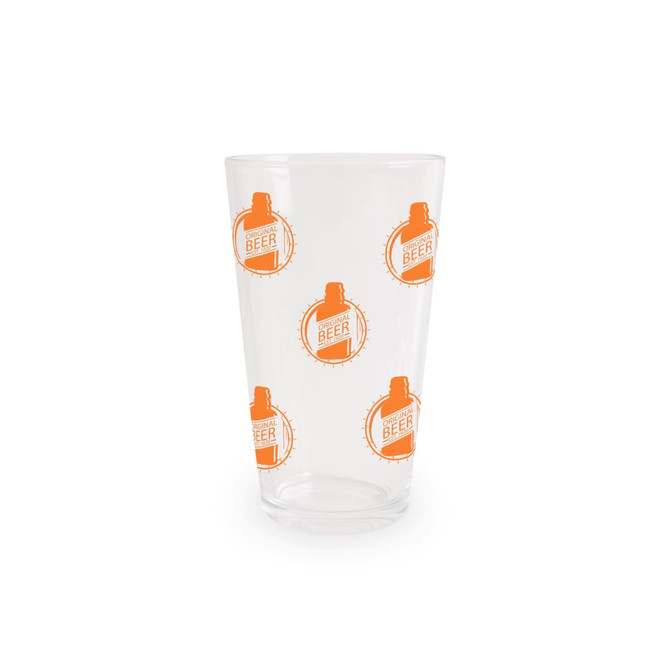 A clear glass tumbler featuring an orange logo design. The glass has a simple, sleek shape. A clear glass tumbler featuring an orange logo design. The glass has a simple, sleek shape.