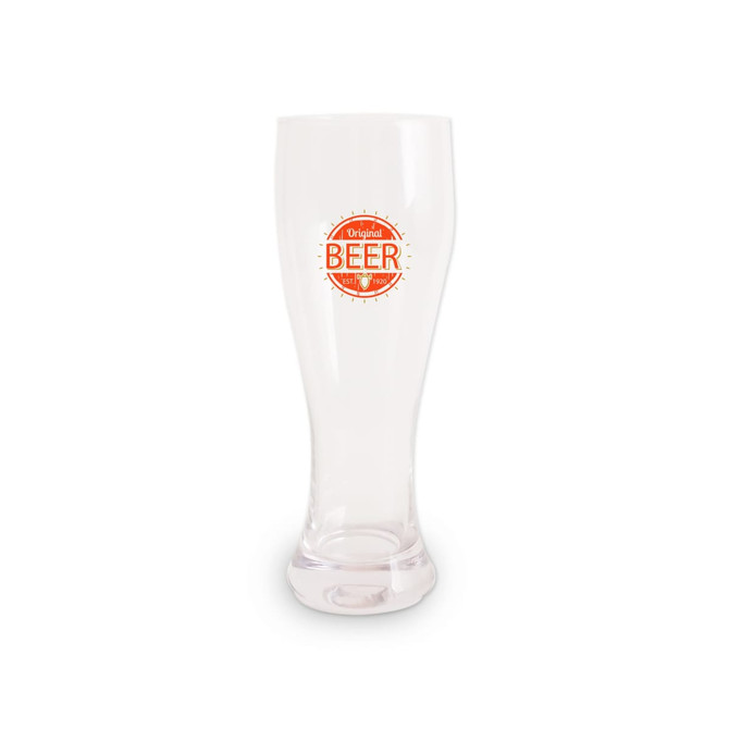 A clear glass beer glass featuring a logo, with a curved design and sturdy base.