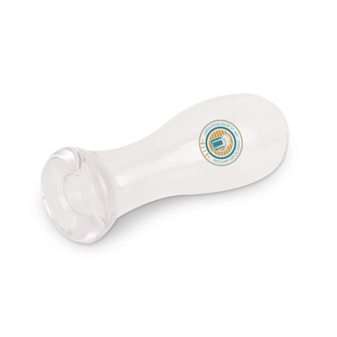 A clear pint beer glass featuring a circular base and a logo.