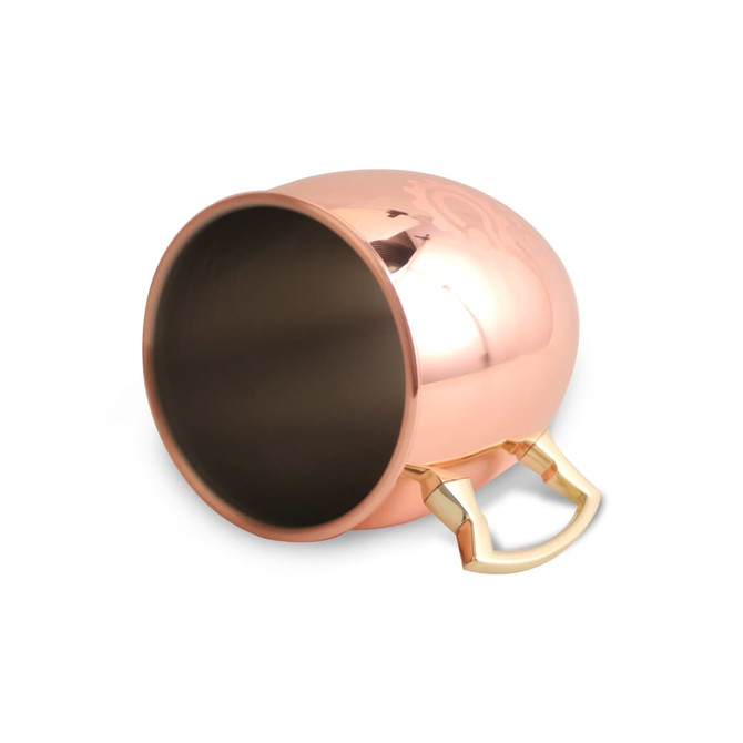 A copper Moscow Mule mug with a brass handle, featuring a shiny finish and rounded design.