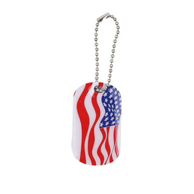 A dog tag with a red, white, and blue design featuring stripes and stars, attached to a silver chain.