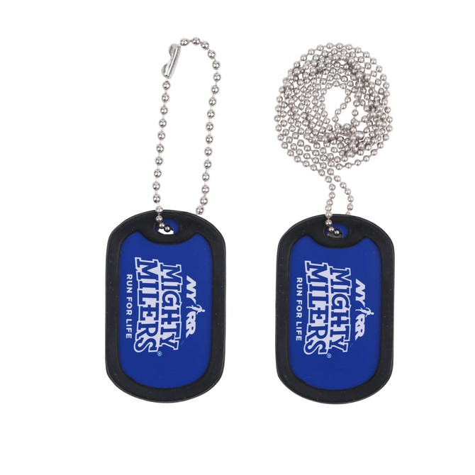 A blue dog tag with a black rubber silencer and a silver beaded chain, featuring a logo.