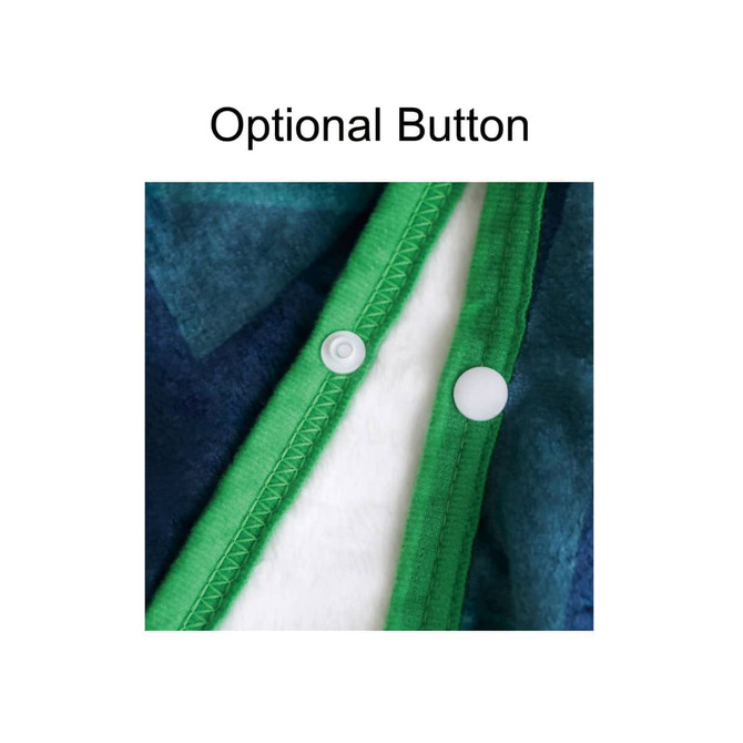 A close-up of a flannel blanket featuring optional buttons in green and white, with textured fabric visible.