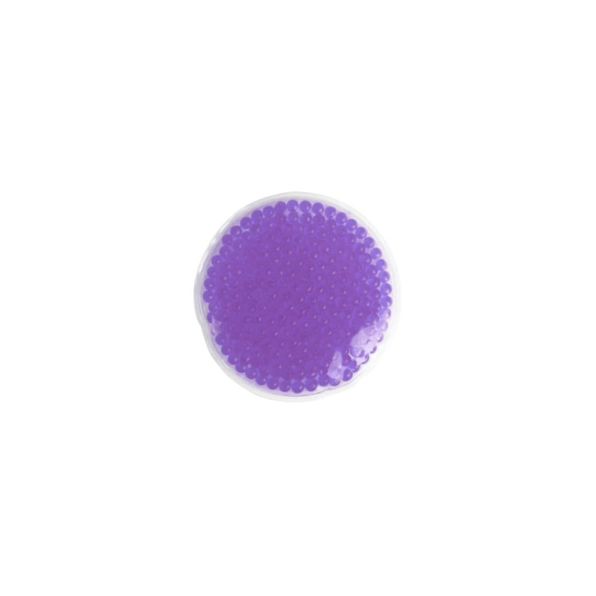 A round gel cold/hot pack in translucent plastic, filled with purple beads. It features a simple logo.