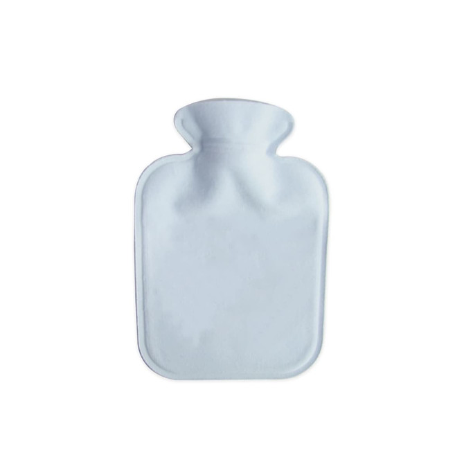 A white hot water bottle with a plush cover, featuring a smooth, rounded design. It has a small logo.