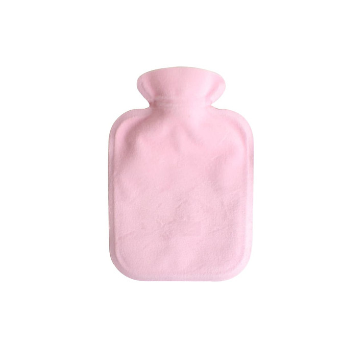 A pink hot water bottle with a soft plush cover, featuring a rounded neck and rectangular body.
