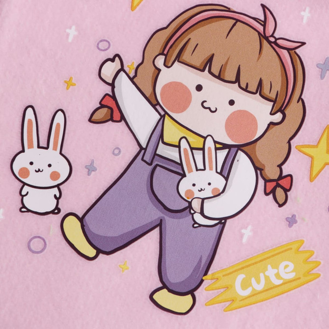 A plush cover featuring a cartoon girl with brown hair and two cute white rabbits on a pink background with stars.