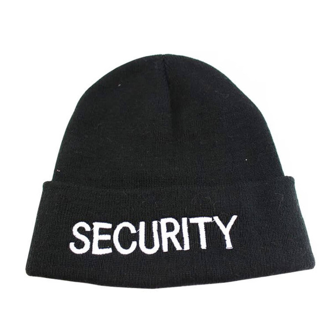 A black knitted beanie with a fold and a logo. The logo features the word "SECURITY" in white lettering.