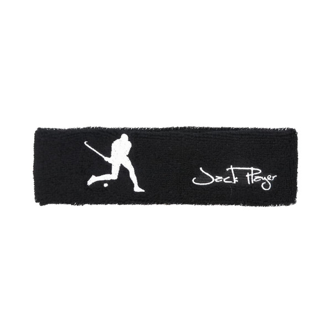 A black headband with a white logo and a silhouette design, categorised as headwear.
