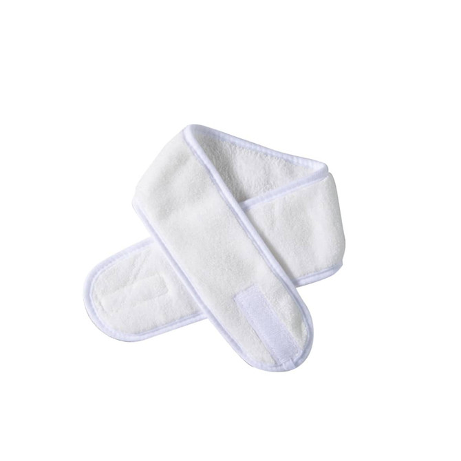 A white promotional headband with a soft texture and a velcro closure. It features a simple design with a logo.