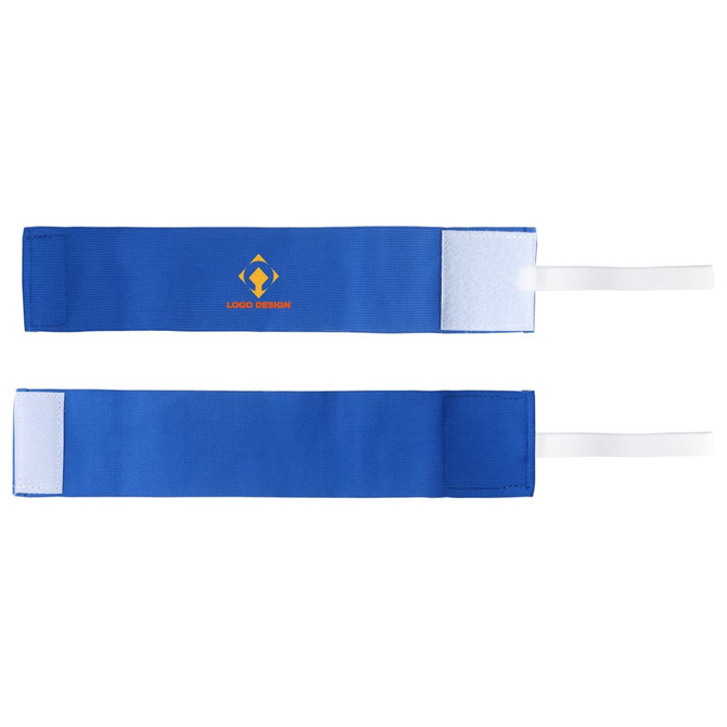 A pair of blue stretchy armbands with a branding logo and a Velcro fastening.