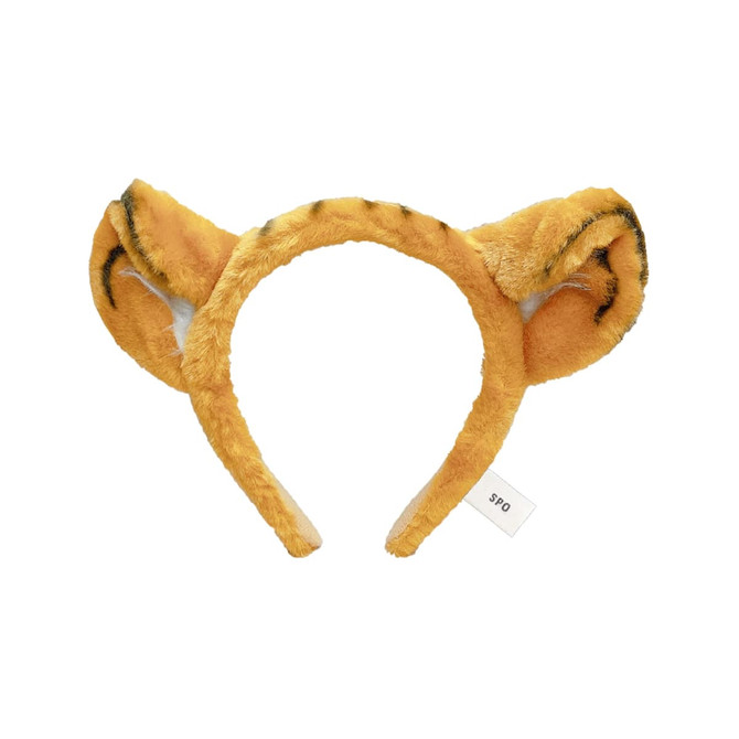 A custom animal hairband in orange with tiger ears, featuring a soft, plush texture and a small tag.