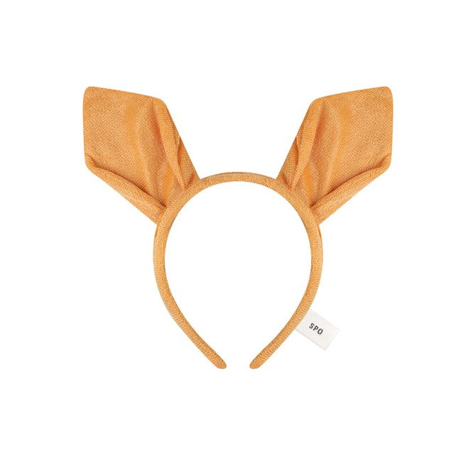 An orange headband with animal ears, featuring a simple design and a small logo tag attached.