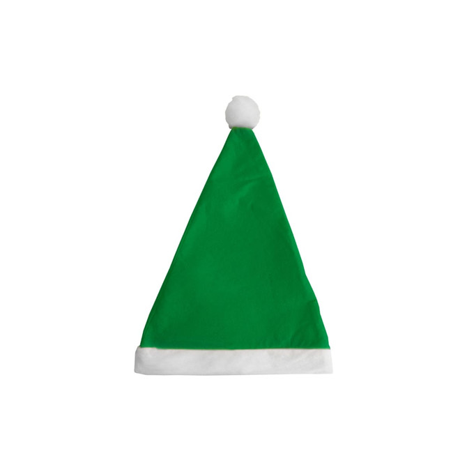 A green Santa hat with a white brim and a pom-pom on top, featuring a logo.