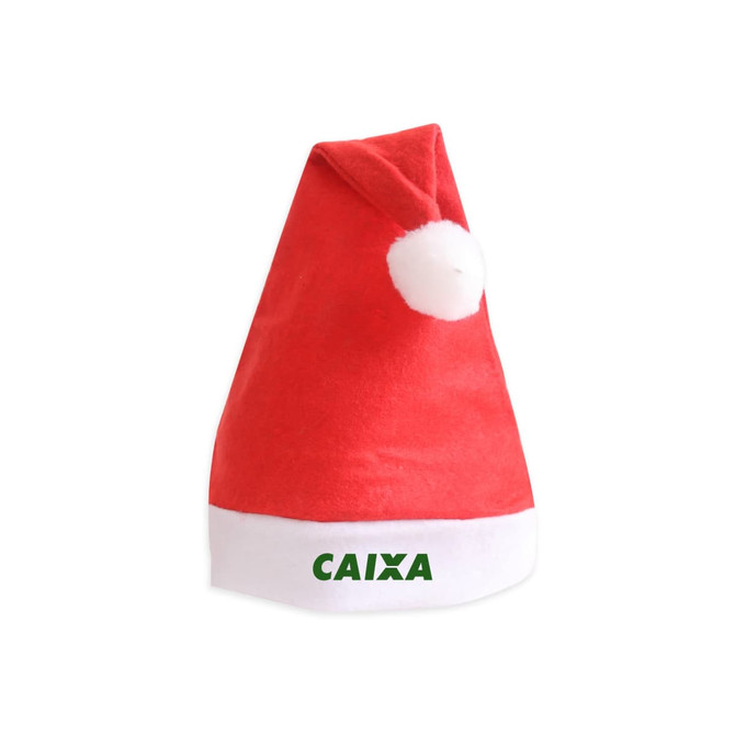 A red Santa hat with a white brim and pom-pom, featuring a logo on the front.