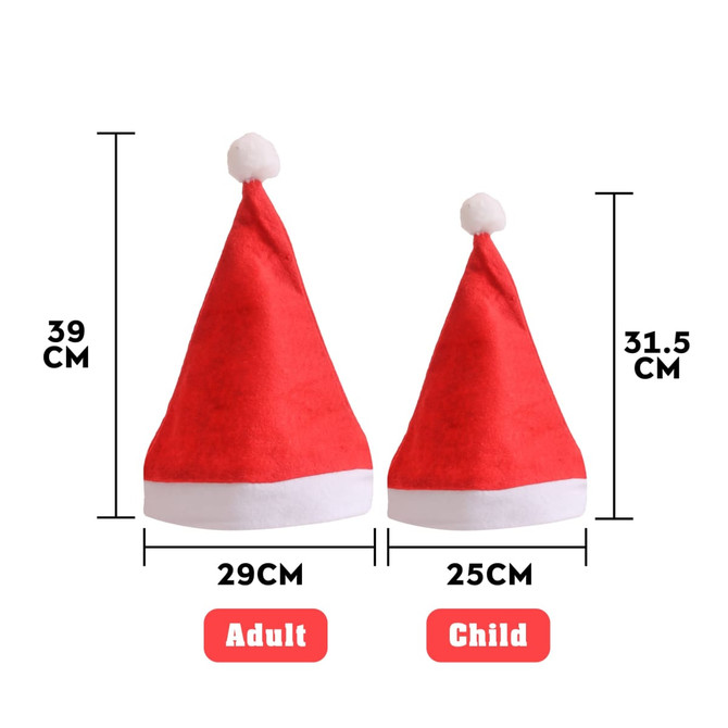 A red Santa hat with a white brim and pom-pom, available in adult and child sizes.