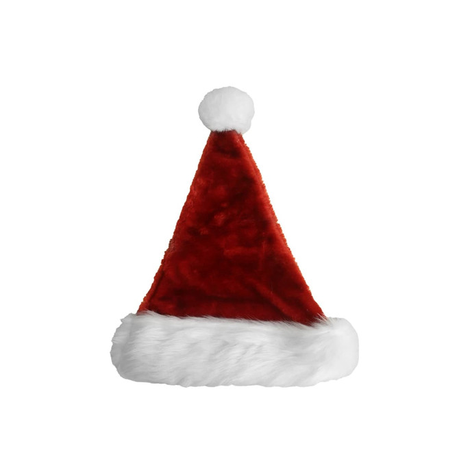 A red plush Santa hat with a white faux fur trim and a fluffy white pom-pom on top.